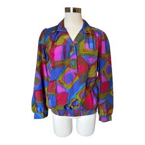 MayGene VTG Women’s Psychedelic Abstract Funky Top Blouse Gathered Waist LS Sz M